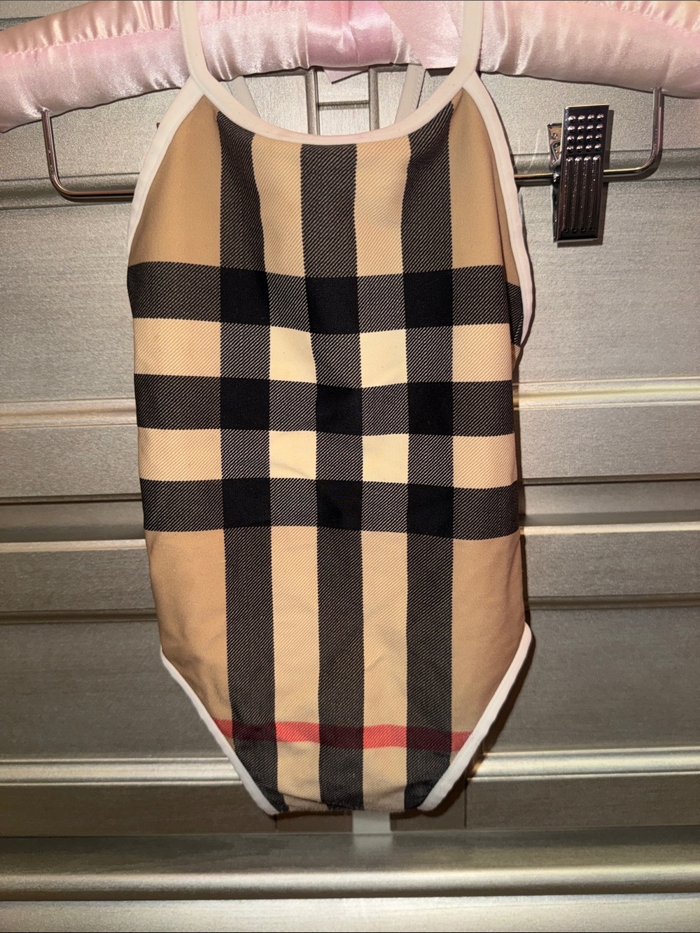 Burberry Beige & Black Plaid Baby Swimsuit with White Trim